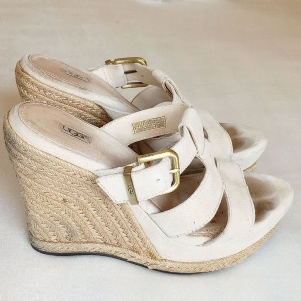 *50off3* UGG Strappy Buckle Suede Espadrille Wedge Platform Sandals 6.5 Beige
